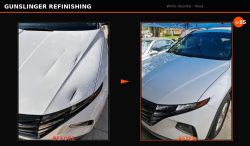 Before and after Hyundai Tucson severely damaged hood repair by Gunslinger Refinishing