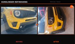 Before and after Jeep Renegade bumper repair by Gunslinger Refinishing