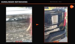 Before and after Silverado scratch repair by Gunslinger Refinishing