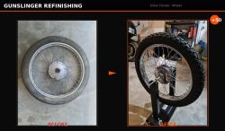 Before and after 1970 Honda CL90K motorcycle wheel restoration by Gunslinger Refinishing