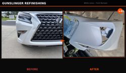 Before and after Lexus IS front bumper and grille repair by Gunslinger Refinishing